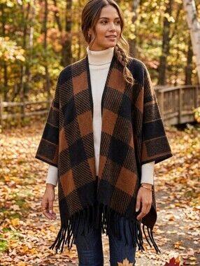 Estee Brown Checked Tassel Hem Open Front Boho Cardigan Sweater Poncho OS